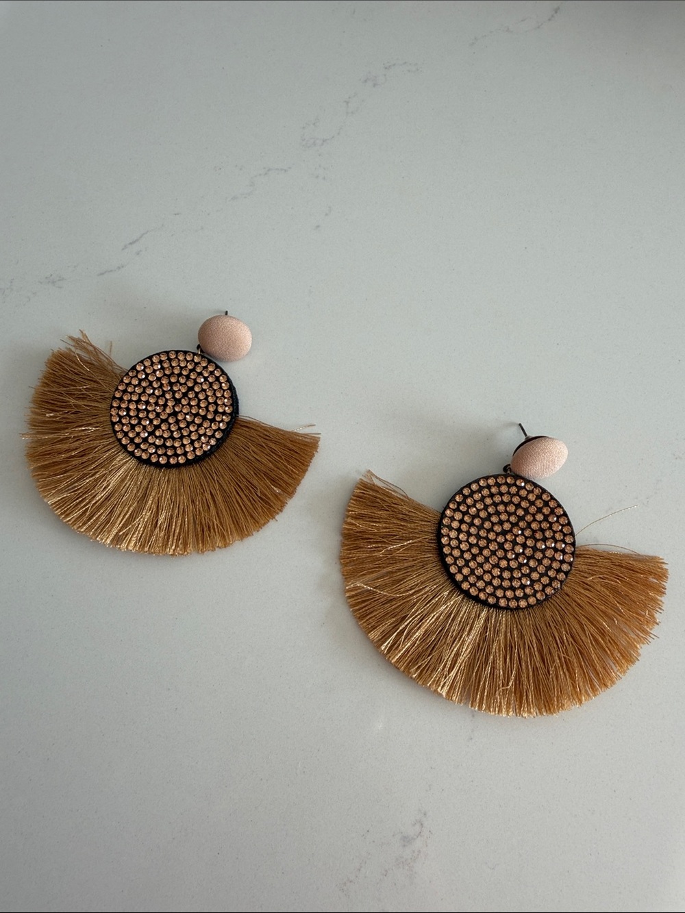 Boho Fringe Statement Earrings in Tan and Pink